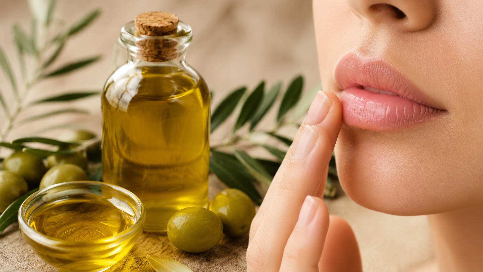 Aceite de oliva aplicado en los labios resecos para ayudar a hidratarlos de forma natural