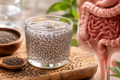 Semillas de chía remojadas en un recipiente de vidrio con textura gelatinosa, acompañadas de una cuchara de madera y un vaso de agua sobre una mesa de madera, en un ambiente luminoso que representa una alimentación saludable y el bienestar digestivo