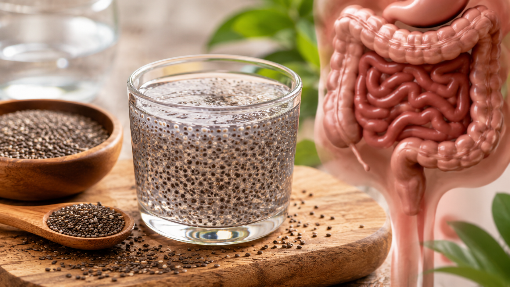 Semillas de chía remojadas en un recipiente de vidrio con textura gelatinosa, acompañadas de una cuchara de madera y un vaso de agua sobre una mesa de madera, en un ambiente luminoso que representa una alimentación saludable y el bienestar digestivo