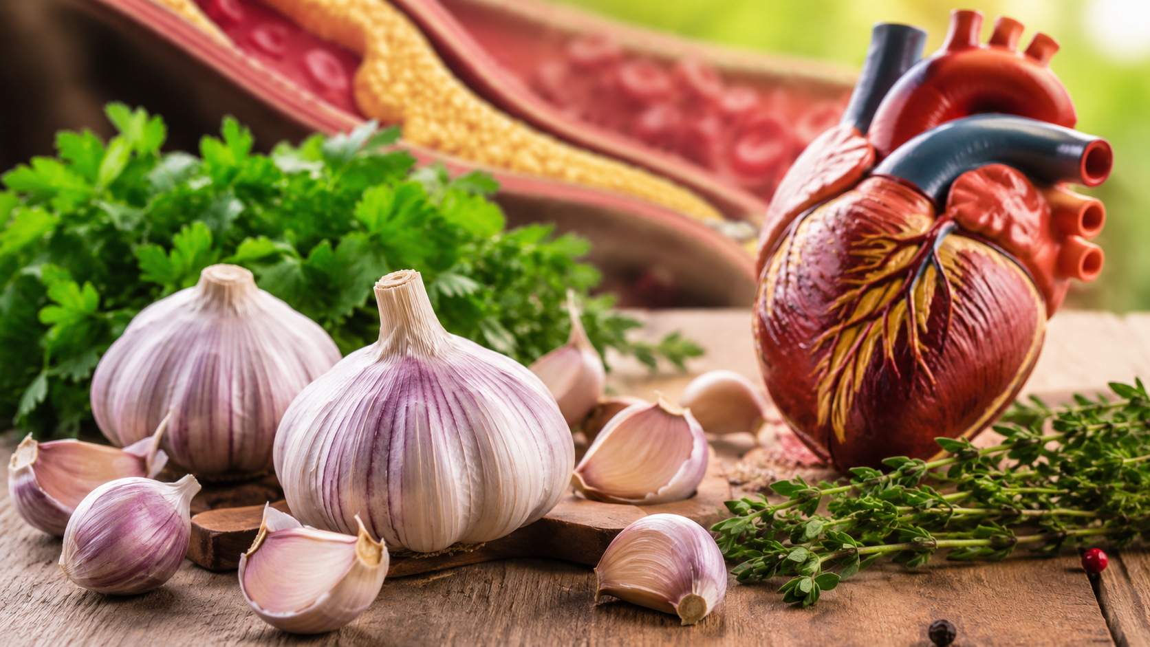 Dientes de ajo frescos sobre una mesa de madera junto a ingredientes naturales relacionados con la salud cardiovascular y el control del colesterol.