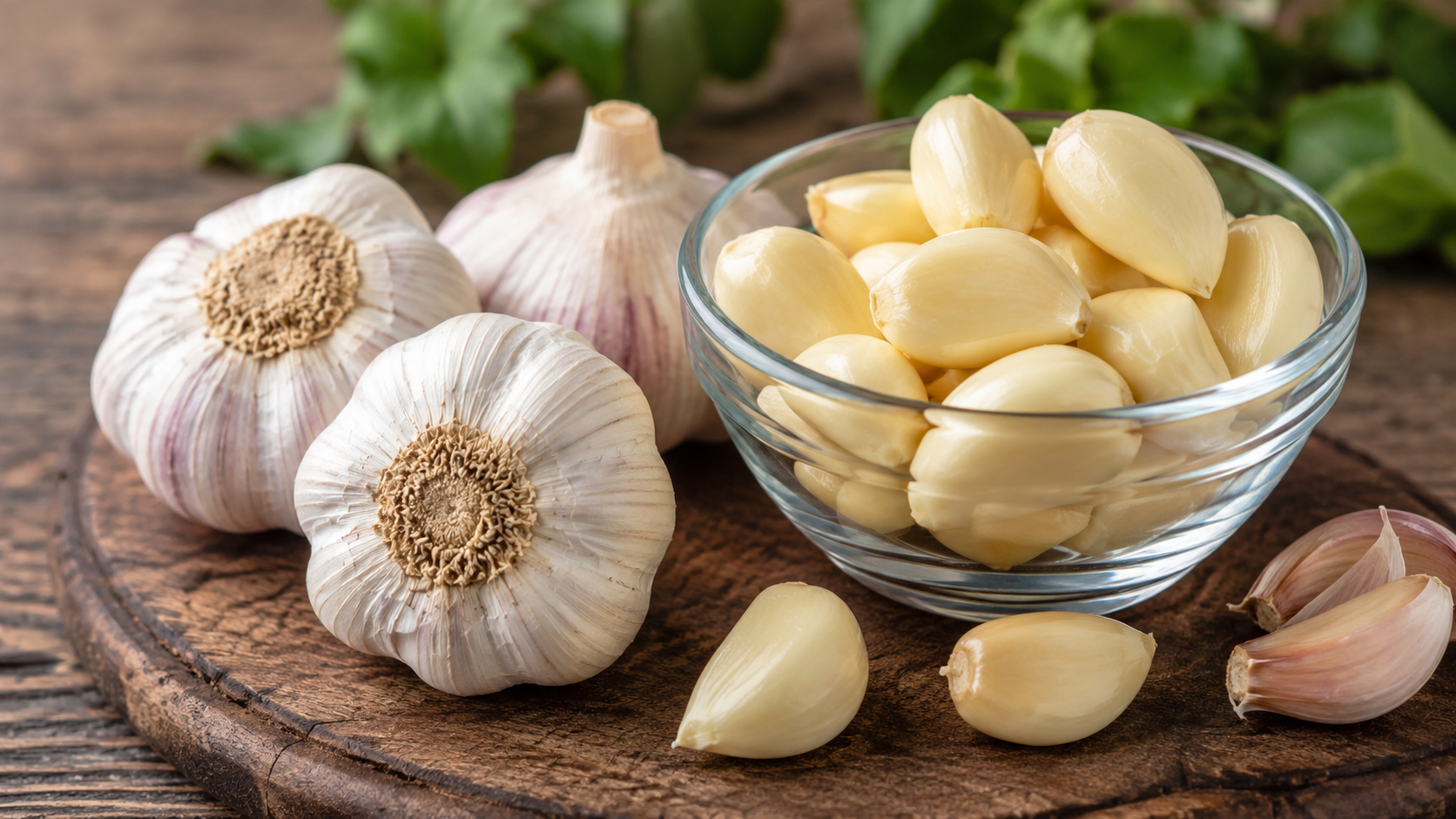 Dientes de ajo frescos junto a una receta tradicional sobre los beneficios naturales del ajo para la salud y el sistema inmunológico.
