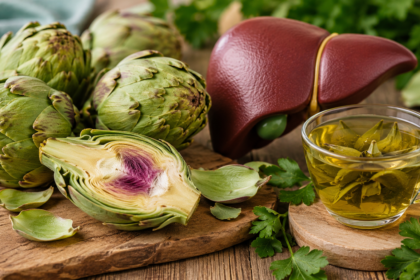 Alcachofa fresca utilizada como alimento natural para apoyar la salud hepática y el bienestar del hígado.