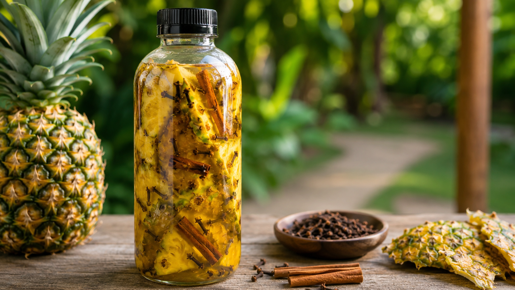 Botella con preparación de cáscaras de piña, clavos de olor y canela utilizada para elaborar una bebida natural casera.
