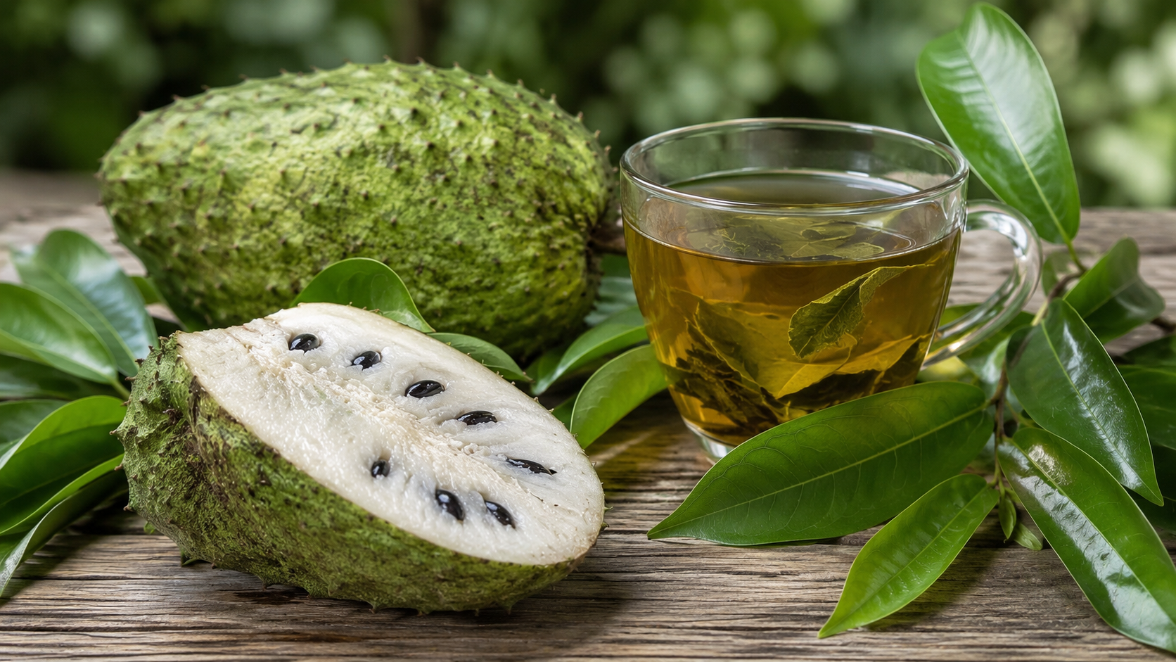 Té de hojas de guanábana junto a una guanábana fresca.