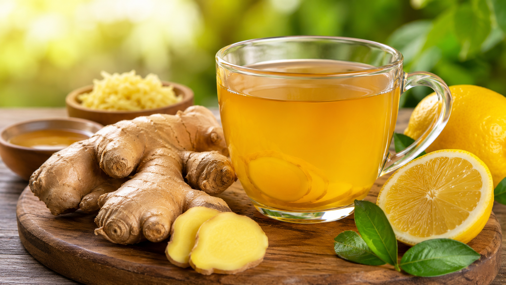 raíz de jengibre fresca junto a una taza de té de jengibre representando hábitos saludables para la presión arterial y la salud cardiovascular.