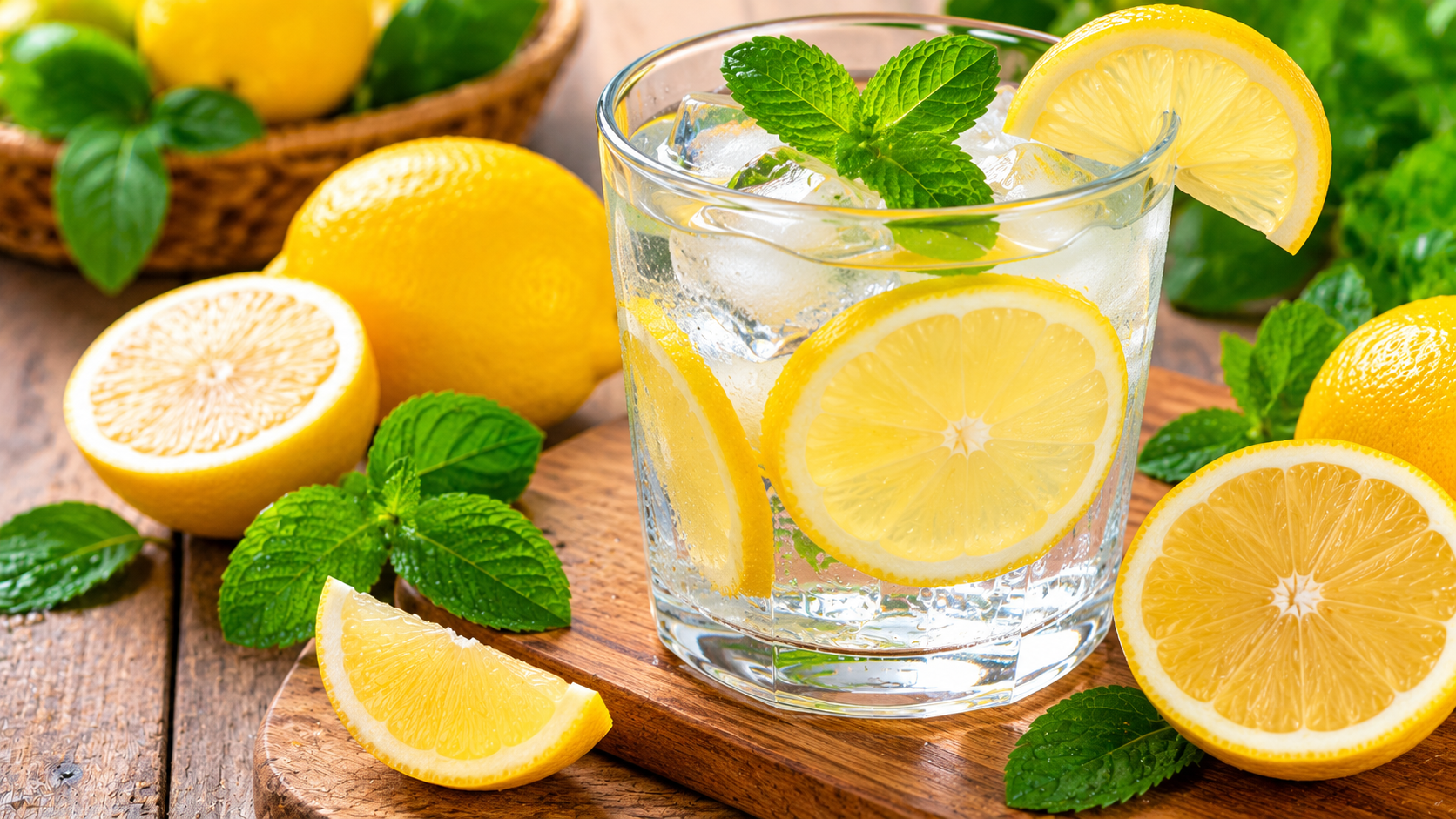 Vaso de agua con limón fresco acompañado de limones enteros utilizado dentro de una alimentación orientada al cuidado del hígado.