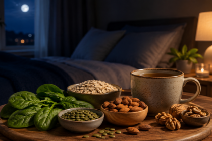 Vaso con bebida rica en magnesio junto a almendras y semillas para favorecer el sueño y combatir el insomnio.