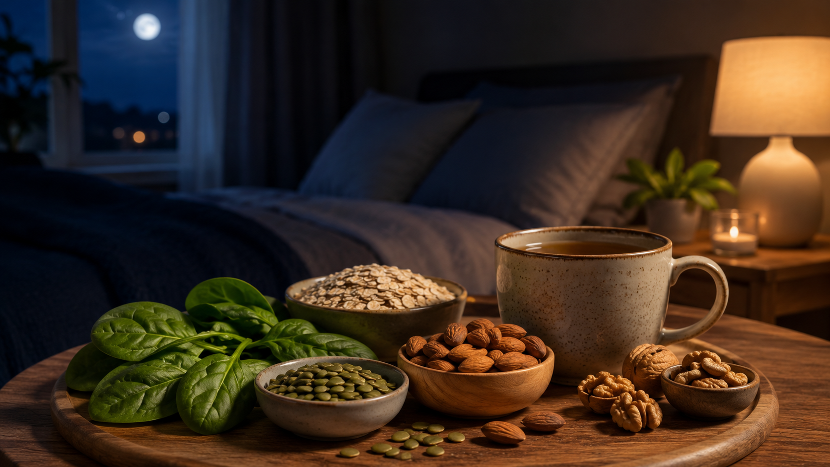 Vaso con bebida rica en magnesio junto a almendras y semillas para favorecer el sueño y combatir el insomnio.