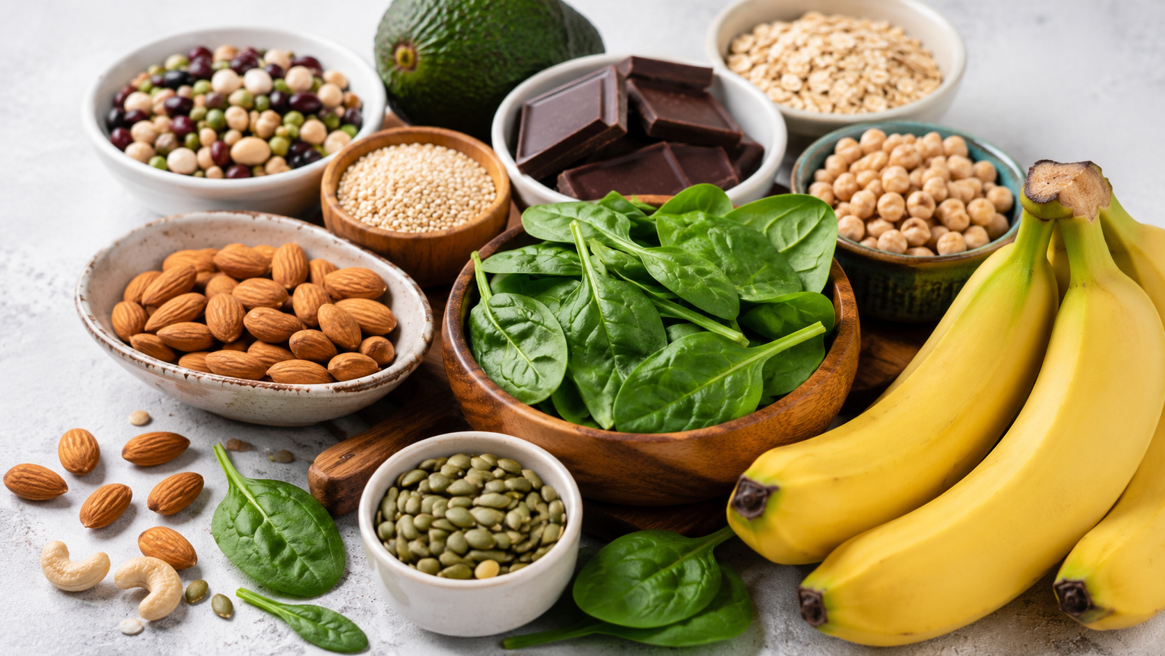 Alimentos ricos en magnesio como semillas, frutos secos y vegetales verdes para apoyar la salud del sistema nervioso.