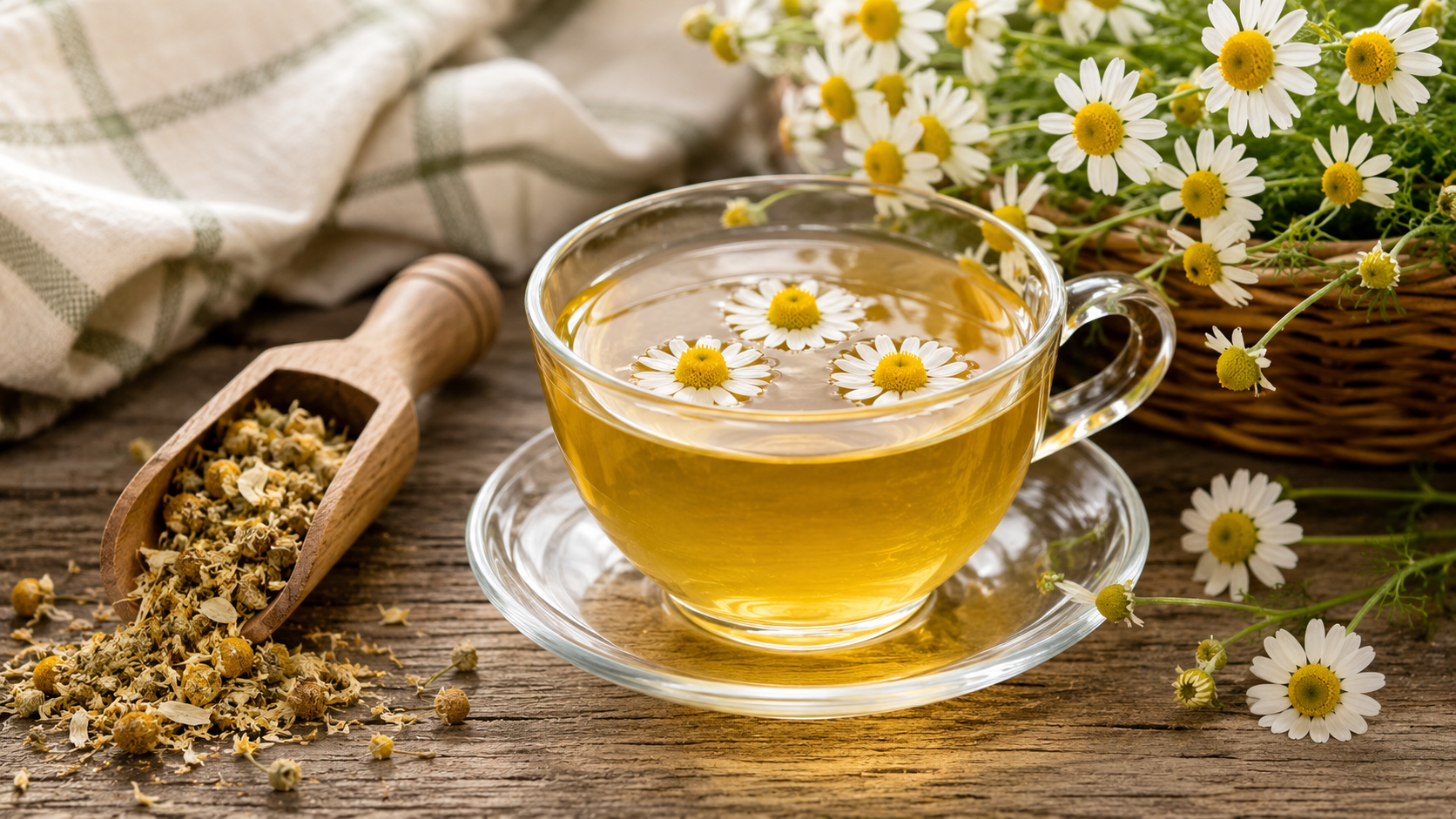 Taza de té de manzanilla junto a flores secas utilizada para favorecer la relajación y apoyar el bienestar del sistema nervioso.