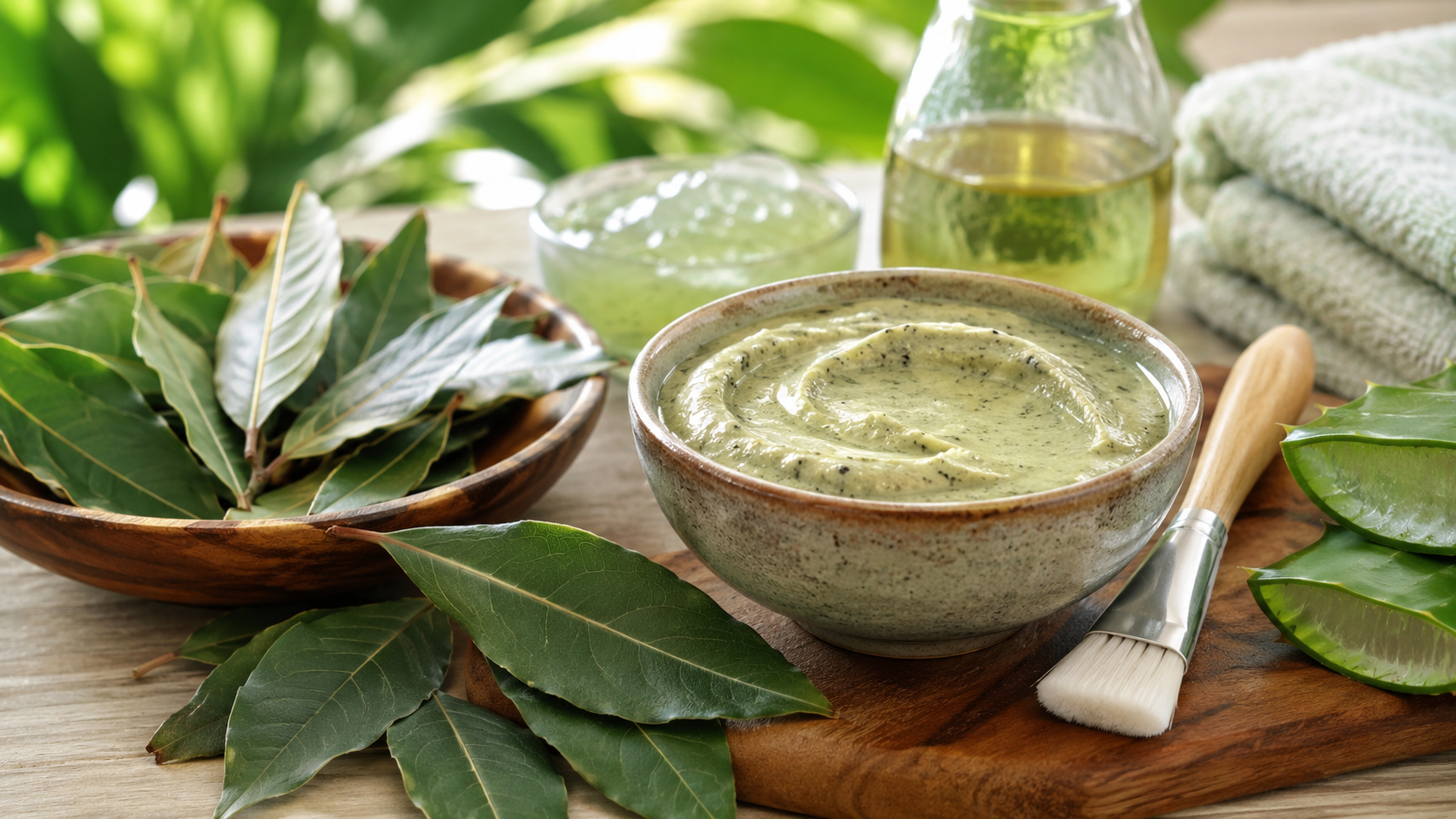 Mascarilla casera de hojas de laurel para el cuidado de la piel del cuello con ingredientes naturales.