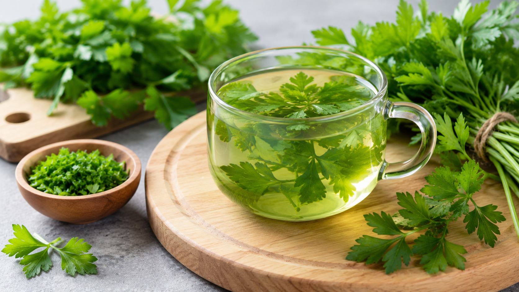 Taza de té de perejil fresco junto a hojas verdes utilizada en remedios naturales para los riñones y la retención de líquidos.