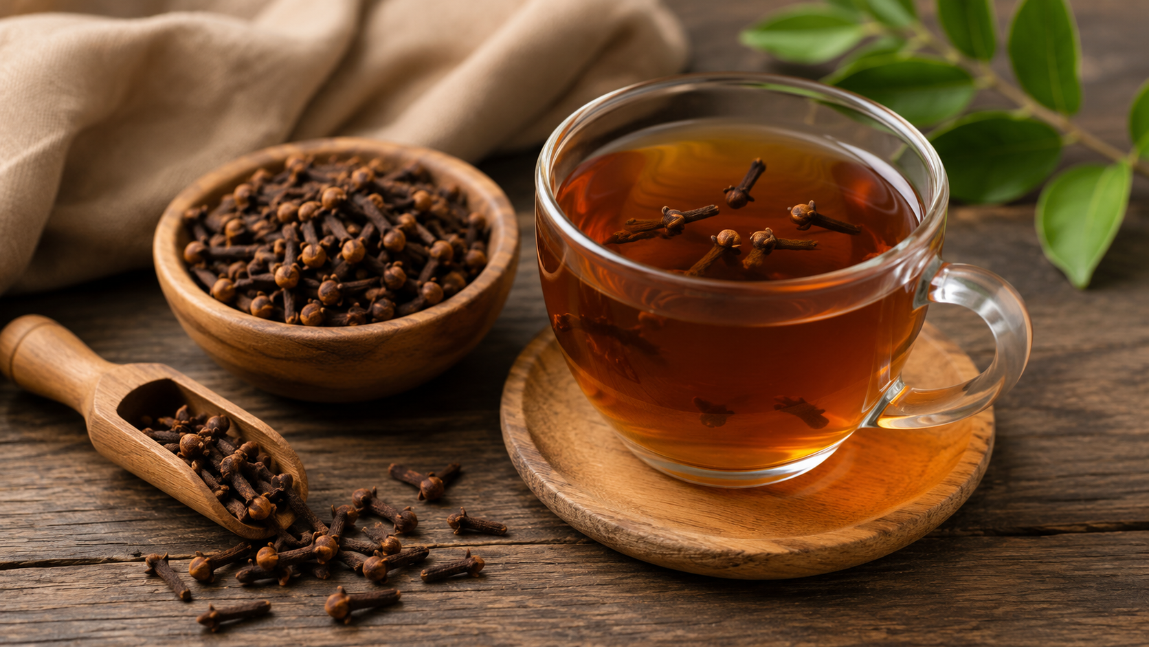 Taza de té de clavo de olor preparada de forma tradicional para apoyar el bienestar respiratorio y aportar antioxidantes naturales.